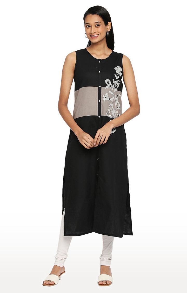 Nylangan Women's Black Cotton Linen Embroidered Kurta | S