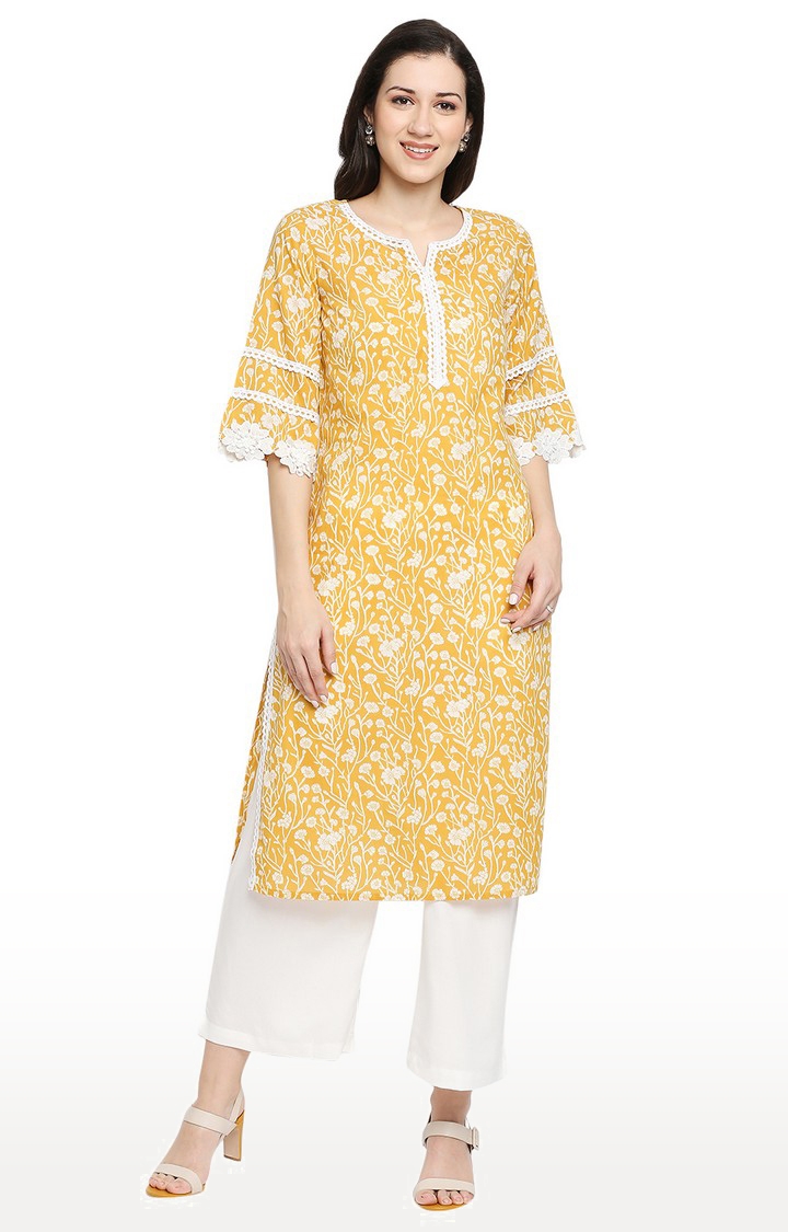 Ethnicity | Ethnicity Ladies Ethnicwear Regular Fit Printed Cotton Core Kurta | Mustard- L