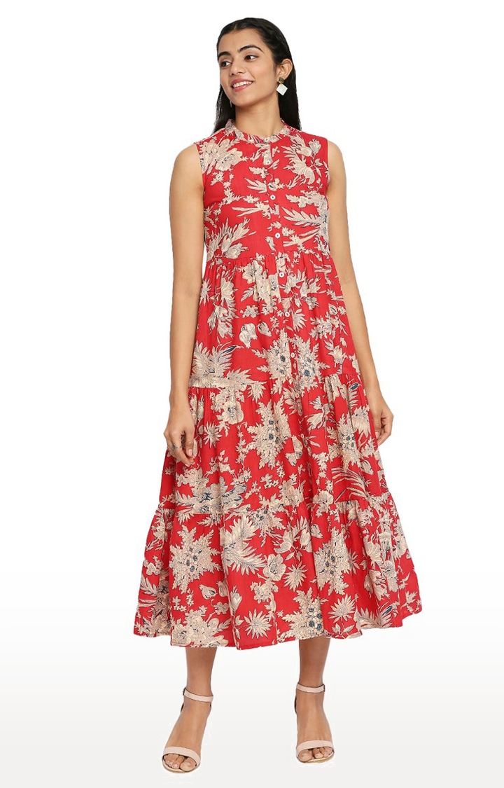Ethnicity | Ethnicity Women Cotton Sleeveless Sleeves Red Core Dress