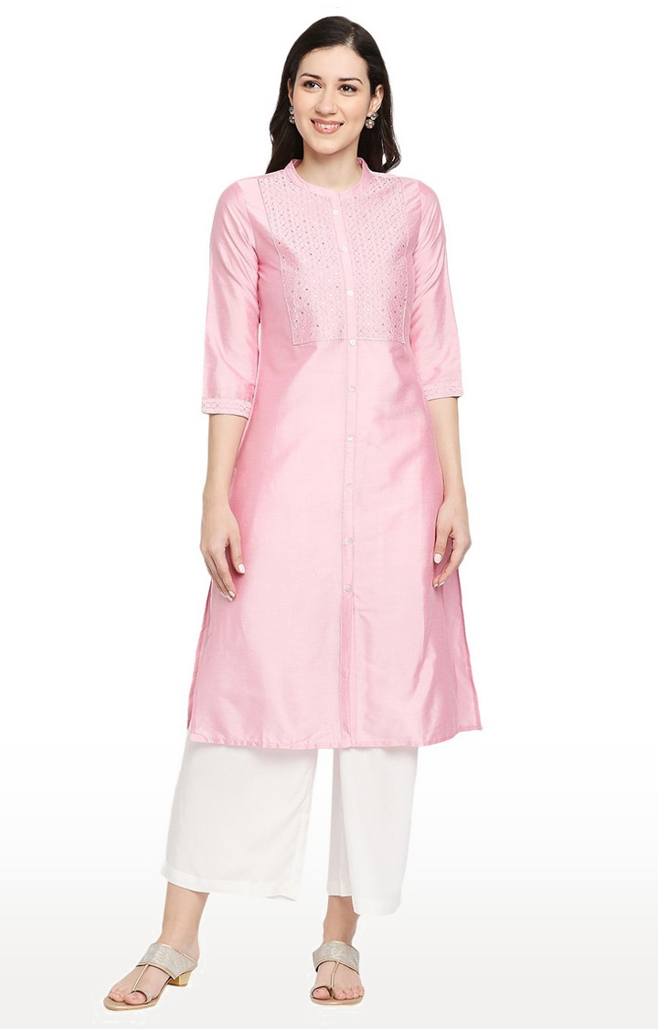Ethnicity | Ethnicity Ladies Ethnicwear Regular Fit Embroidery Viscose Core Kurta | Pink- L