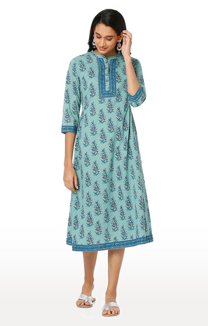 Ethnicity Women's Teal Cotton Printed Dress | XS