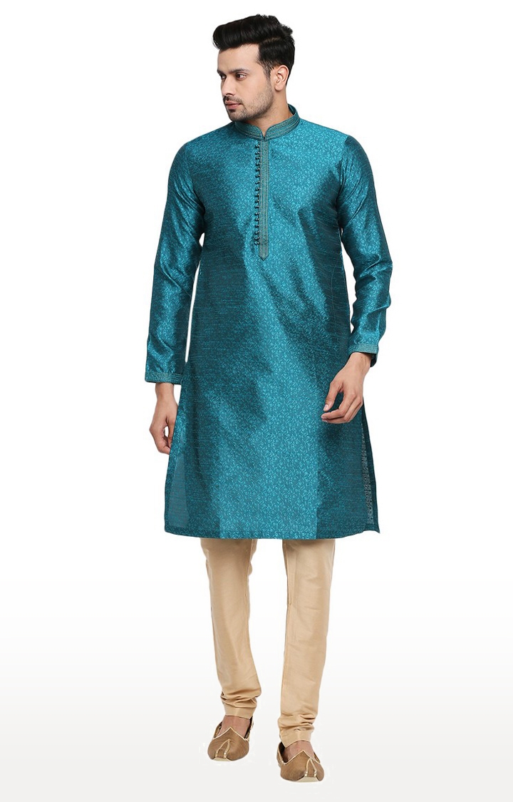 Ethnicity Men's Teal Polyester Embroidered Kurta | XS