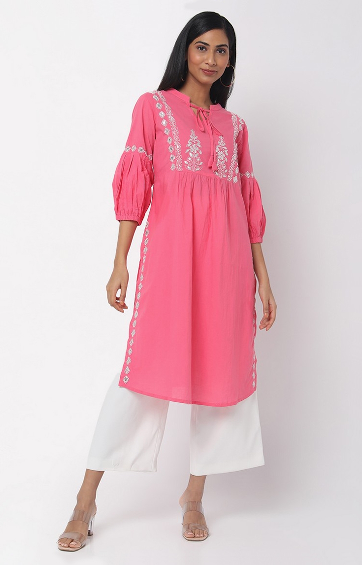 Ethnicity | Ethnicity Women's Pink Cambric Embroidered Kurta | XS