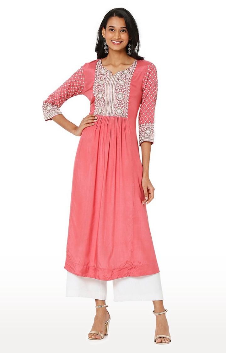 Ethnicity Women's Pink Viscose Blend Embroidered Kurta | XS