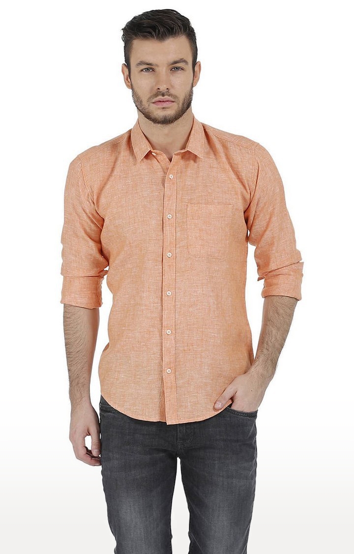 Men's Orange Linen Solid Casual Shirts