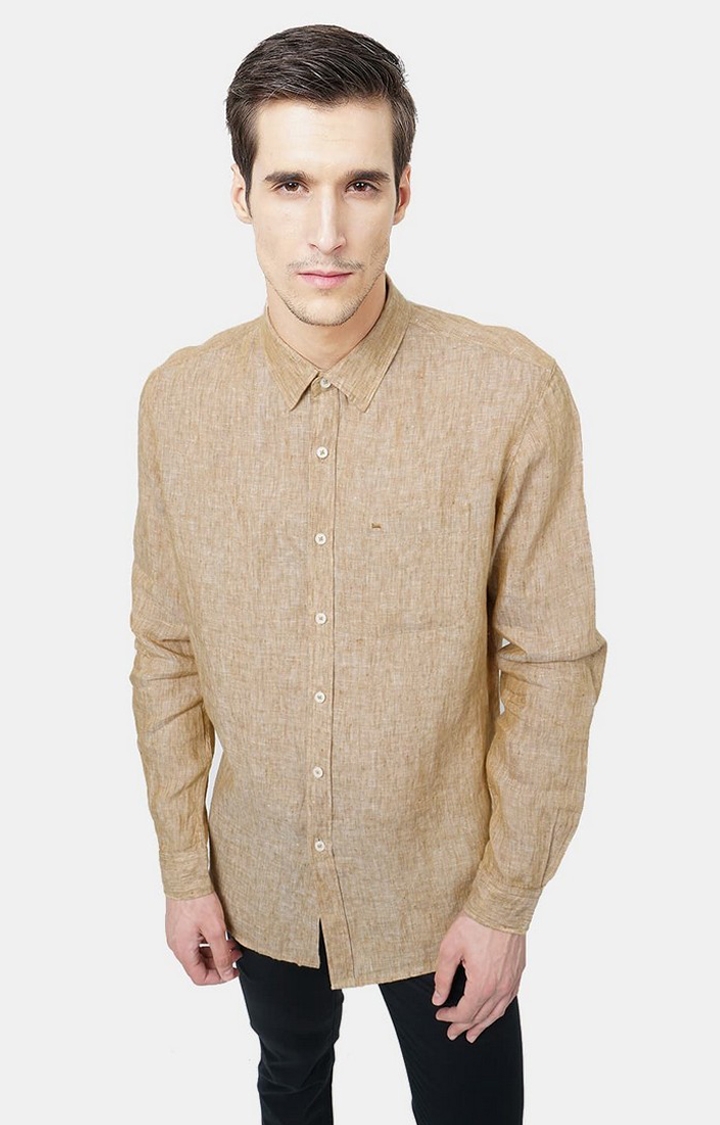 Men's Brown Linen Solid Casual Shirts