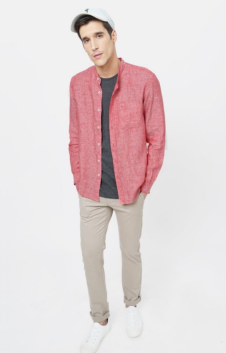 Men's Red Linen Solid Casual Shirts