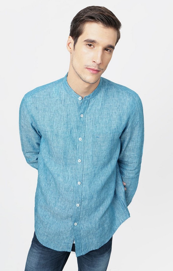 Men's Blue Linen Solid Casual Shirts