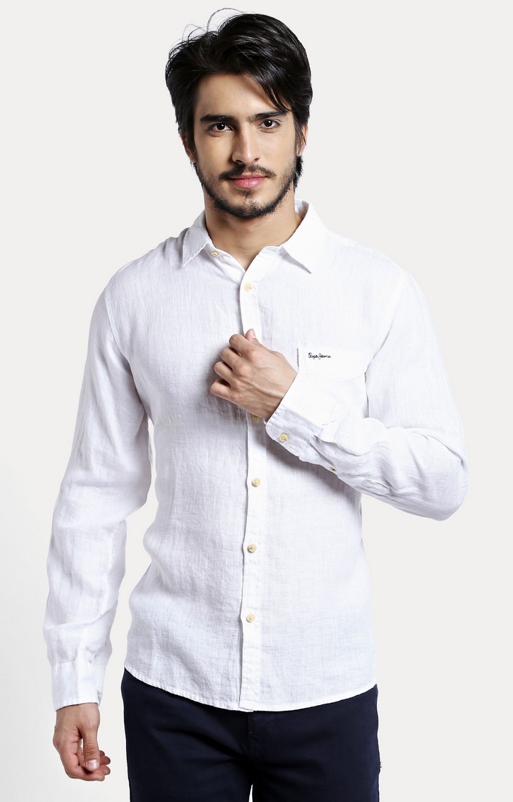 Men's White Linen Solid Casual Shirts