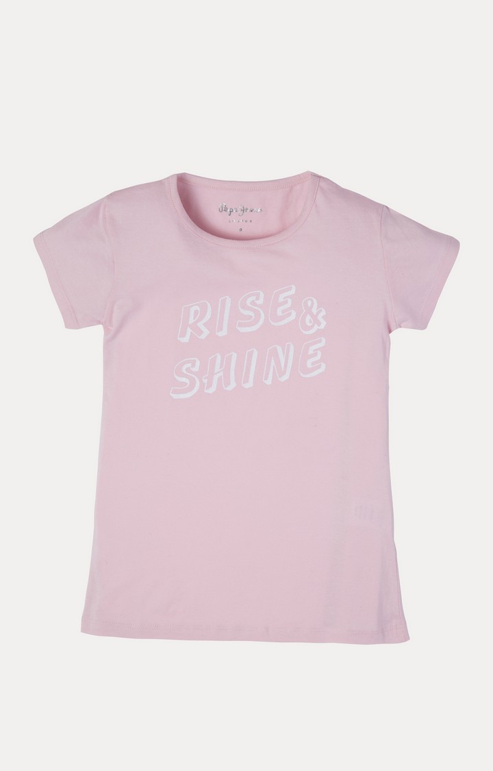 Girls Pink Cotton Printed T-Shirts