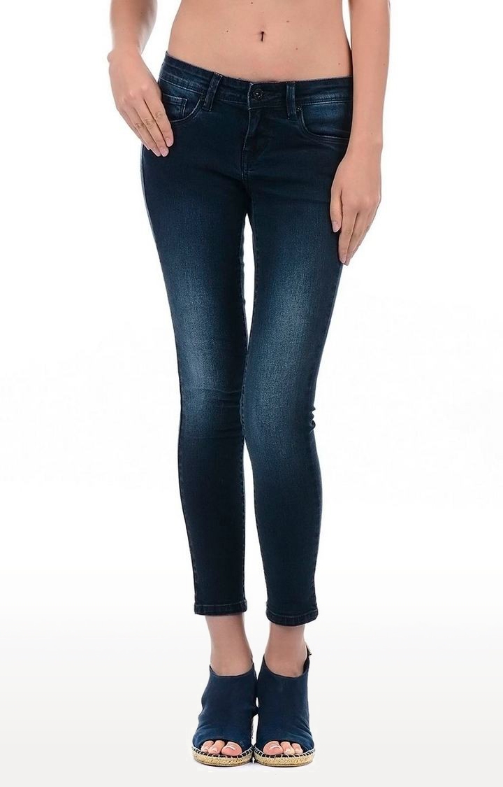 Women's Blue Cotton Blend Slim Jeans
