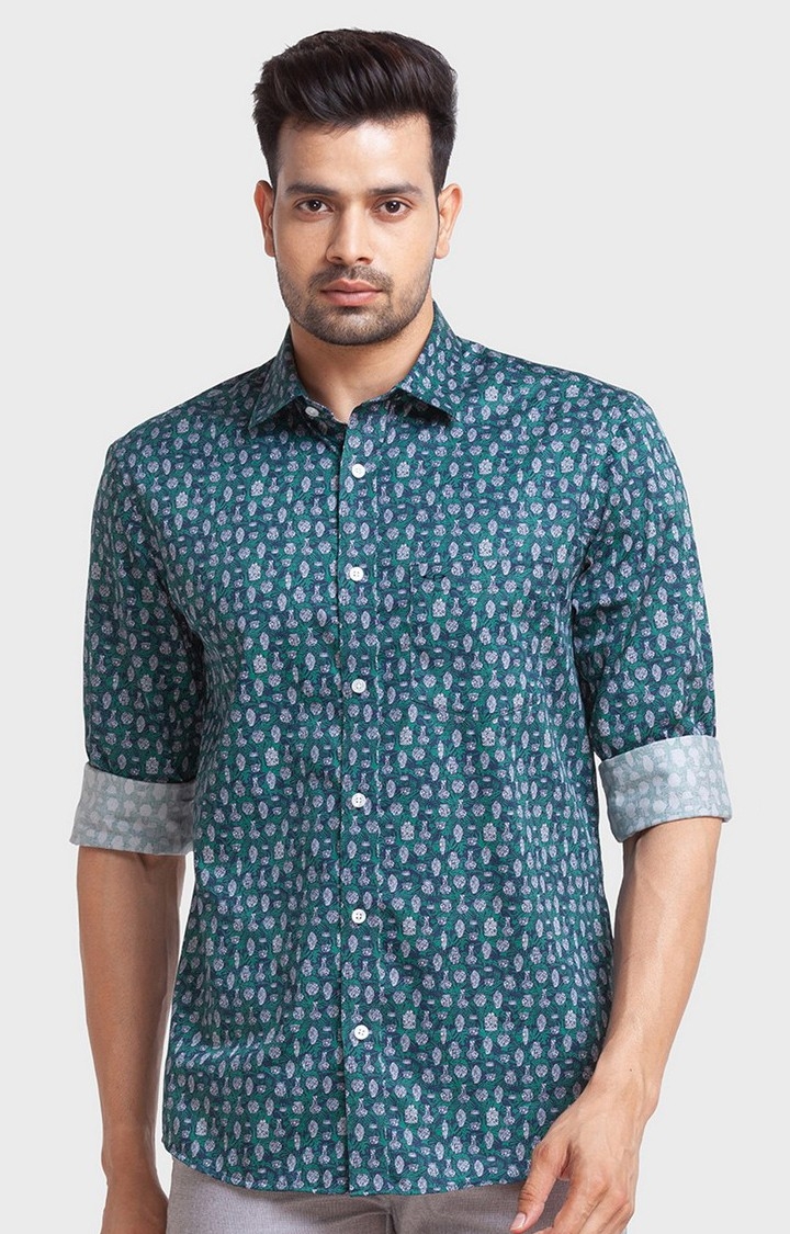 ColorPlus | ColorPlus Green Print Tailored Fit Casual Shirts For Men