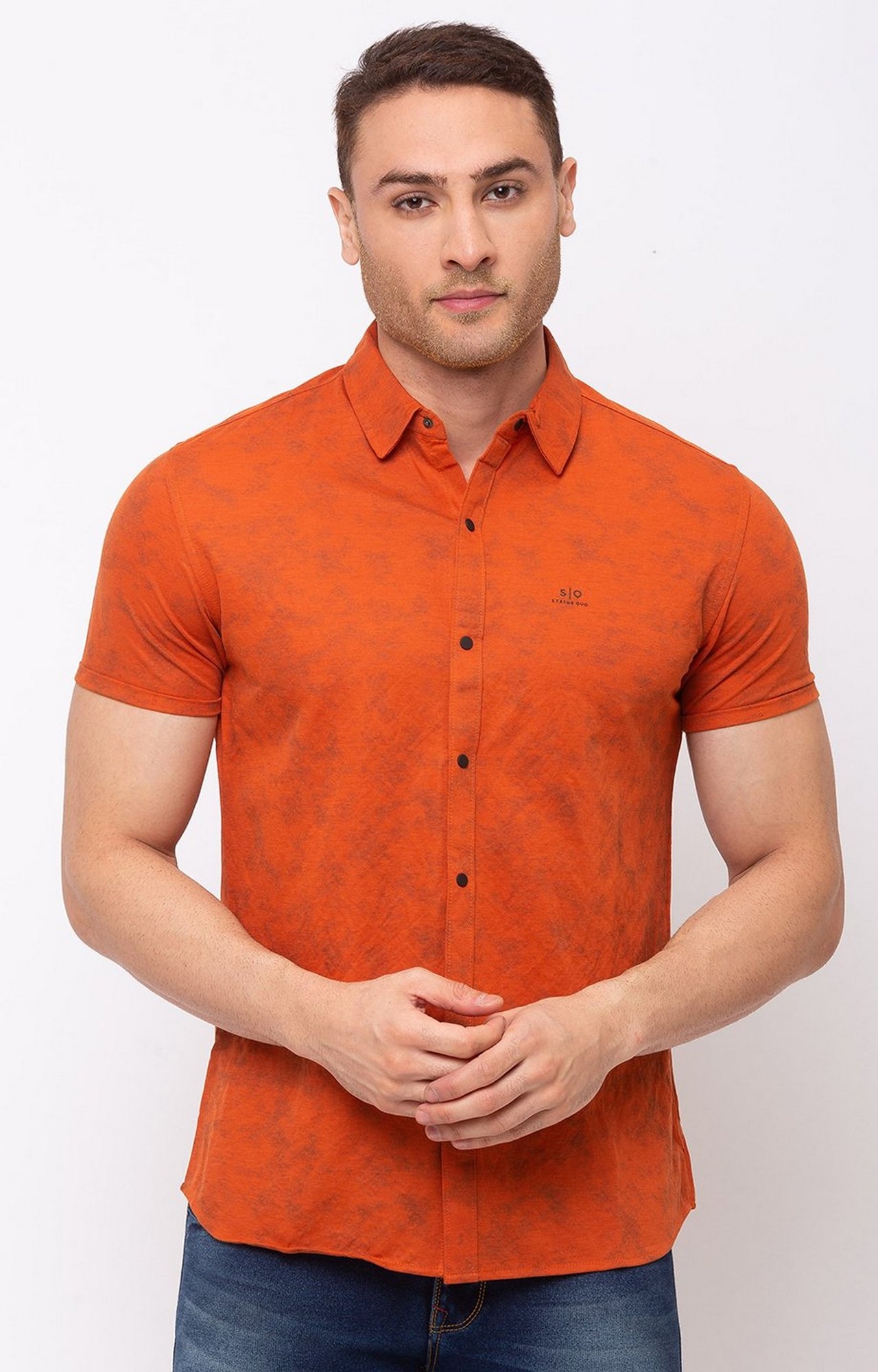Orange Polycotton Printed Classic Collar Casual Shirts