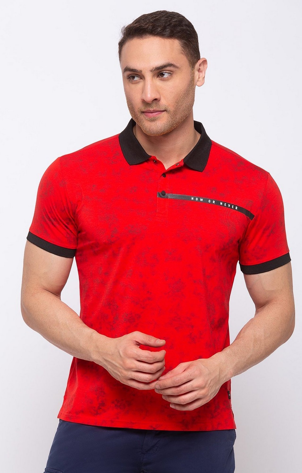 Status Quo | Red Printed Regular Fit Polo T-Shirt