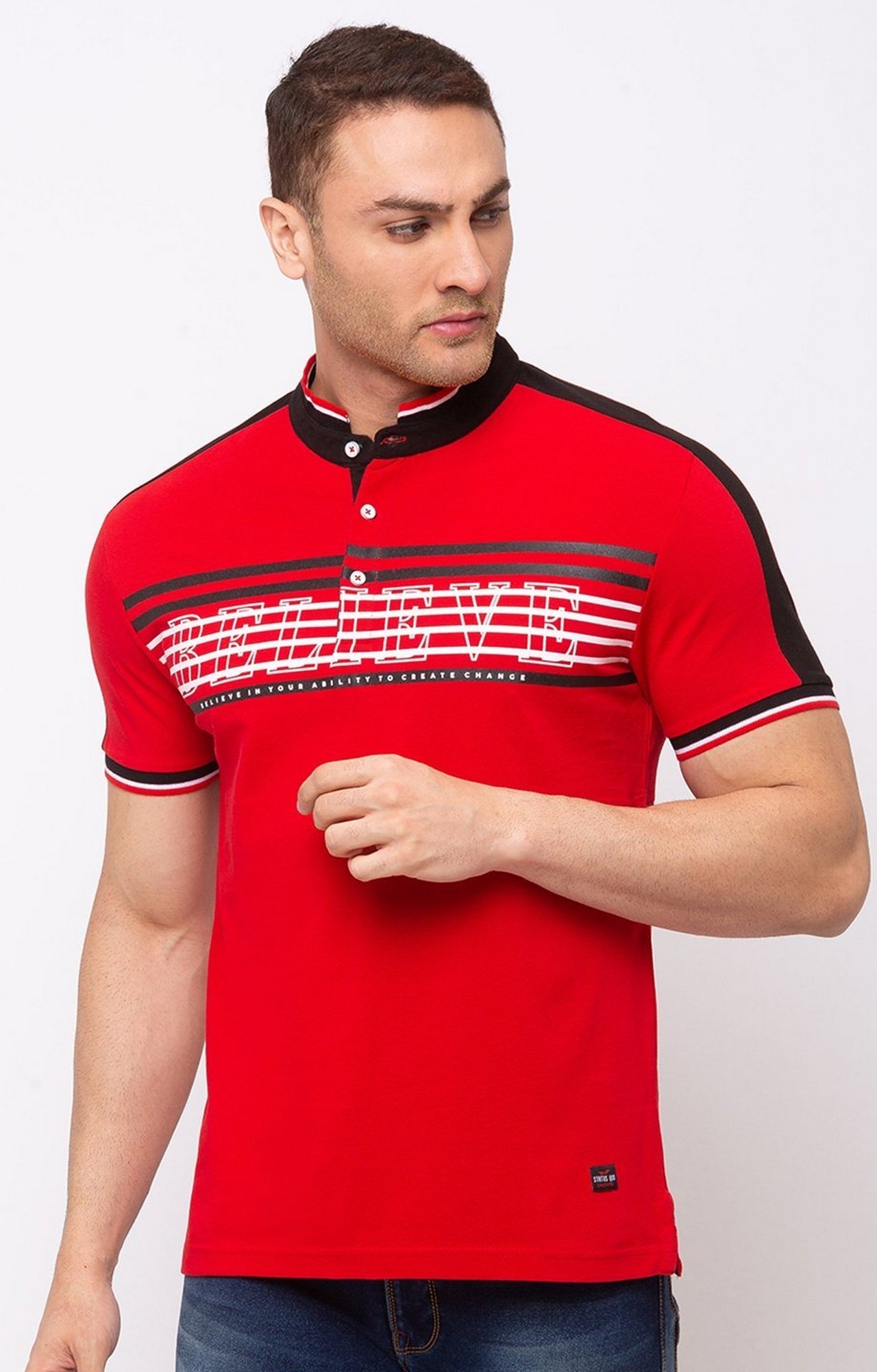 Status Quo | Red Printed Stand Collar T-Shirt