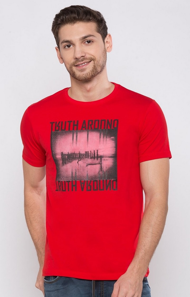 Red Cotton Blend Printed T-Shirts