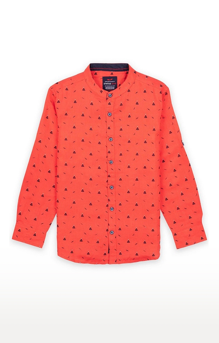 Orange Cotton Blend Printed Mandarin Collar Casual Shirts