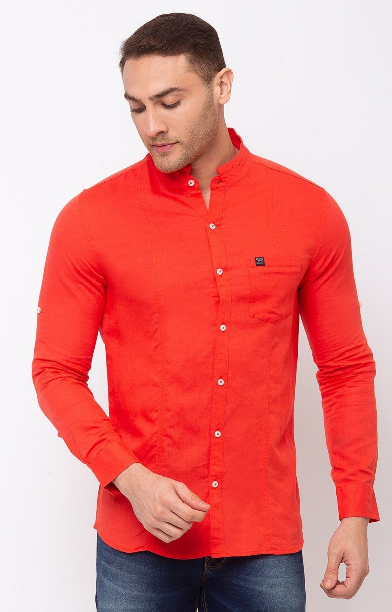 Orange Cotton Solid Mandarin Collar Casual Shirts