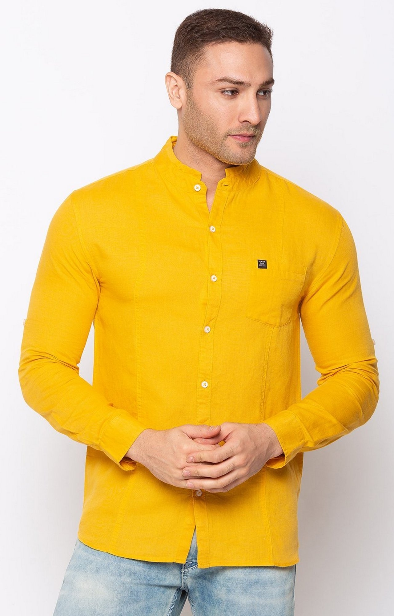 Yellow Cotton Solid Mandarin Collar Casual Shirts