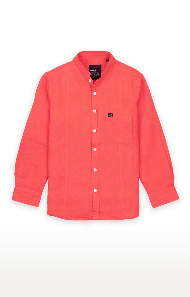 Pink Cotton Solid Mandarin Collar Casual Shirts
