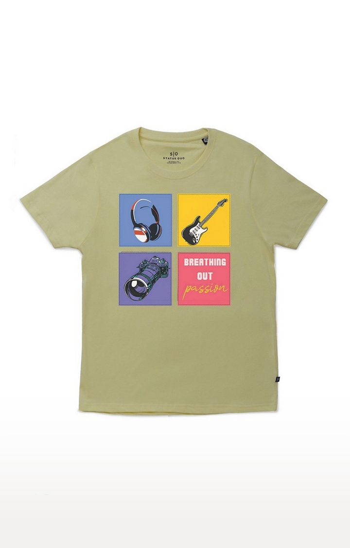 Boys Olive Green Cotton Printeded Regular T-Shirt