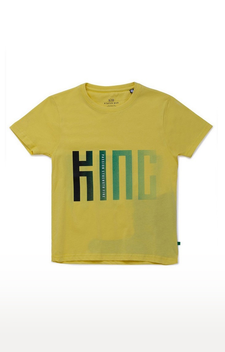Boys Yellow Polycotton Typographic Printed Regular T-Shirt