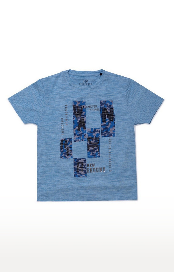 Boys Blue Cotton Melange Textured Regular T-Shirt