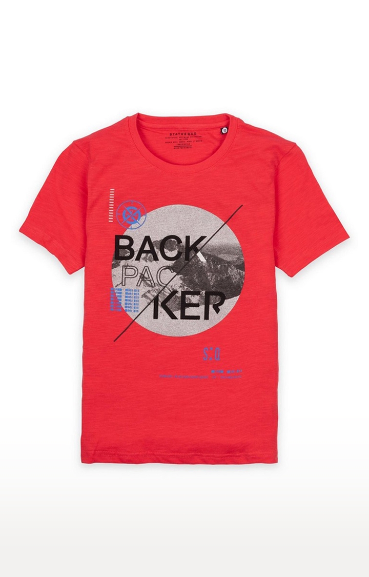 Boys Red Cotton Printeded Regular T-Shirt