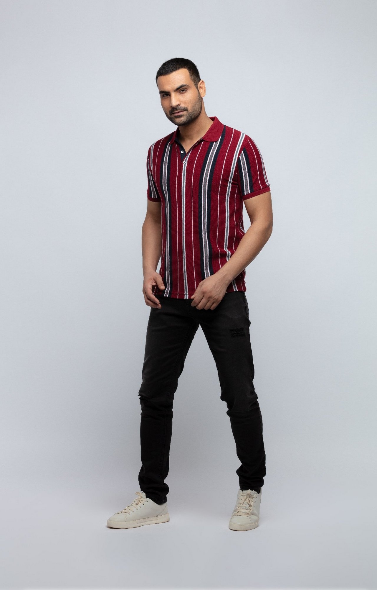 Status Quo | Maroon Striped Regular Fit Polo T-Shirt 3