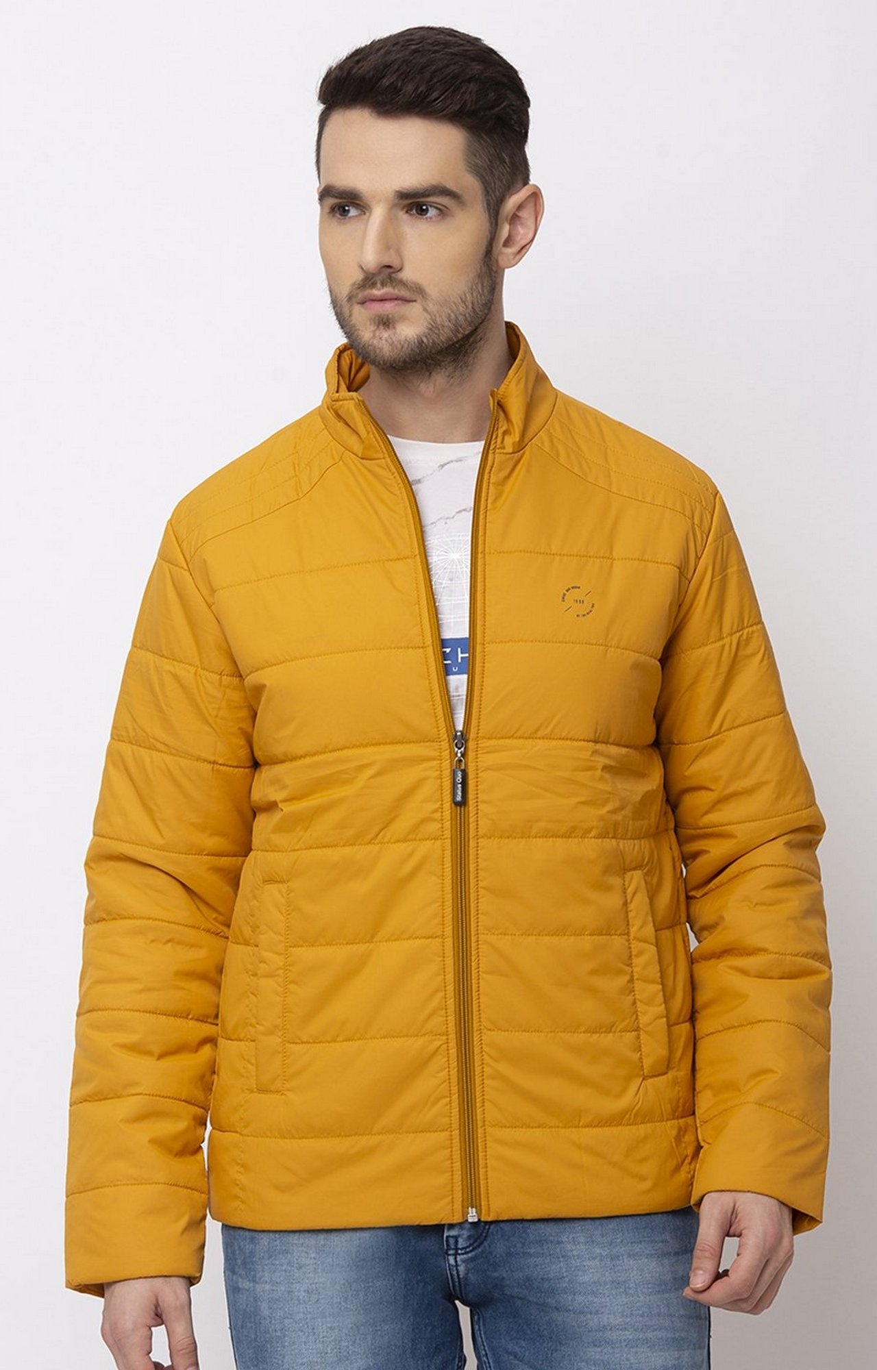 Yellow Polyester Solid Full Zip Bomber Jackets
