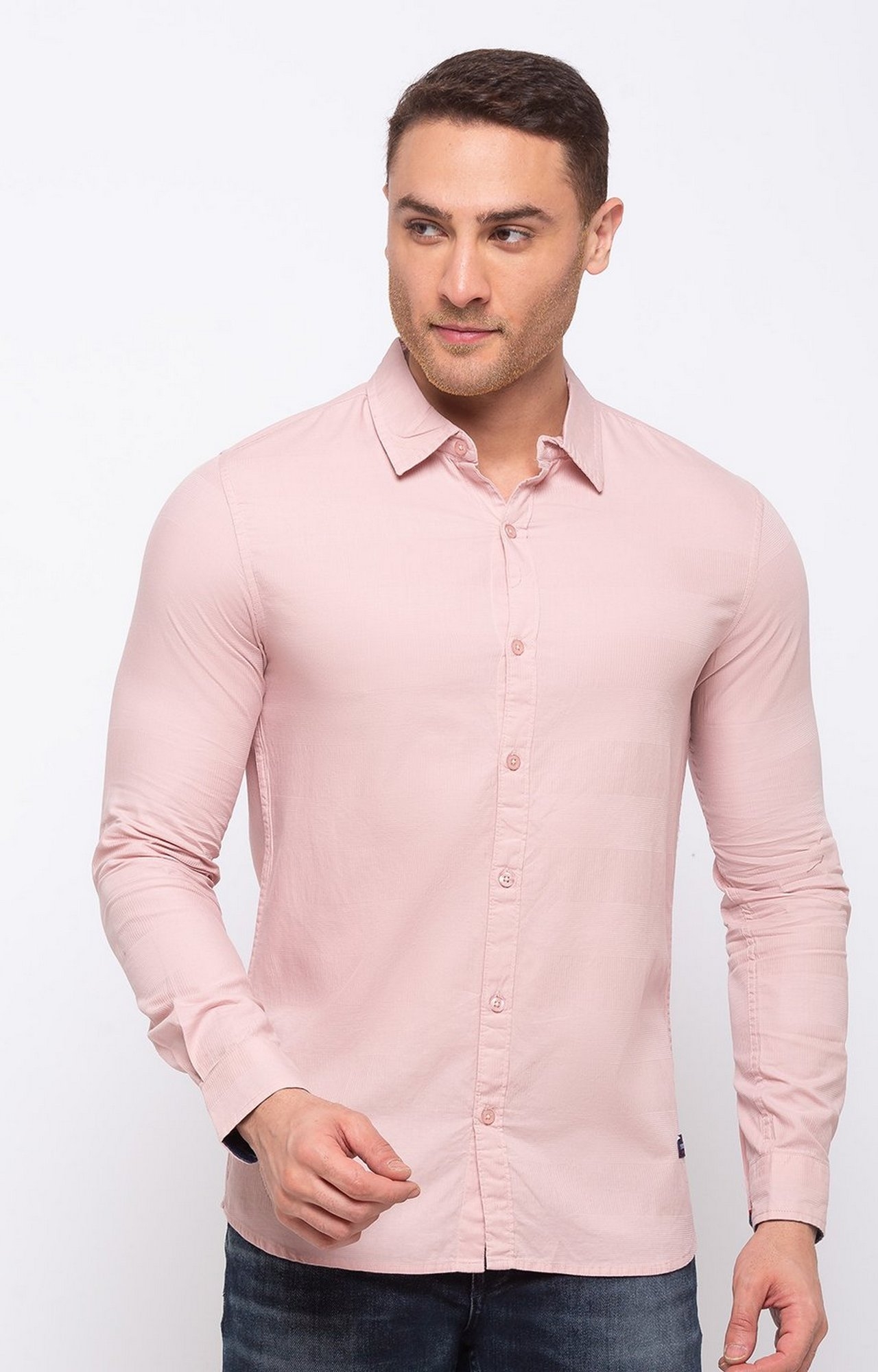 Pink Cotton Solid Classic Collar Casual Shirts