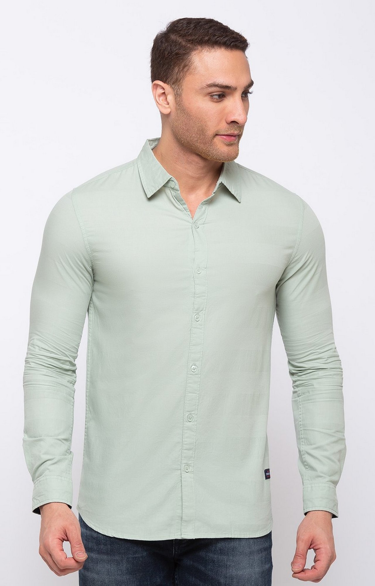 Green Cotton Solid Classic Collar Casual Shirts