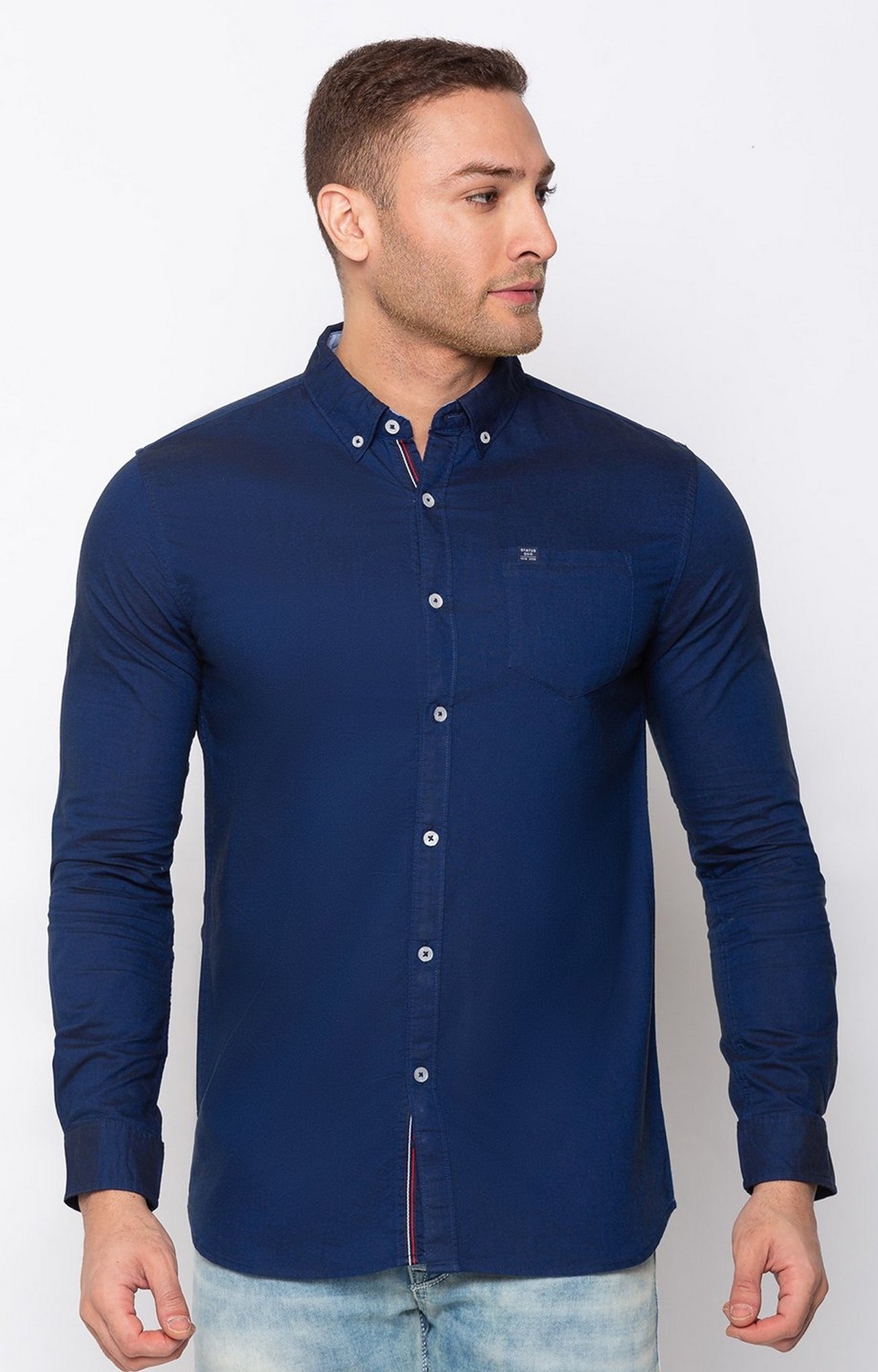 Blue Cotton Solid Classic Collar Casual Shirts