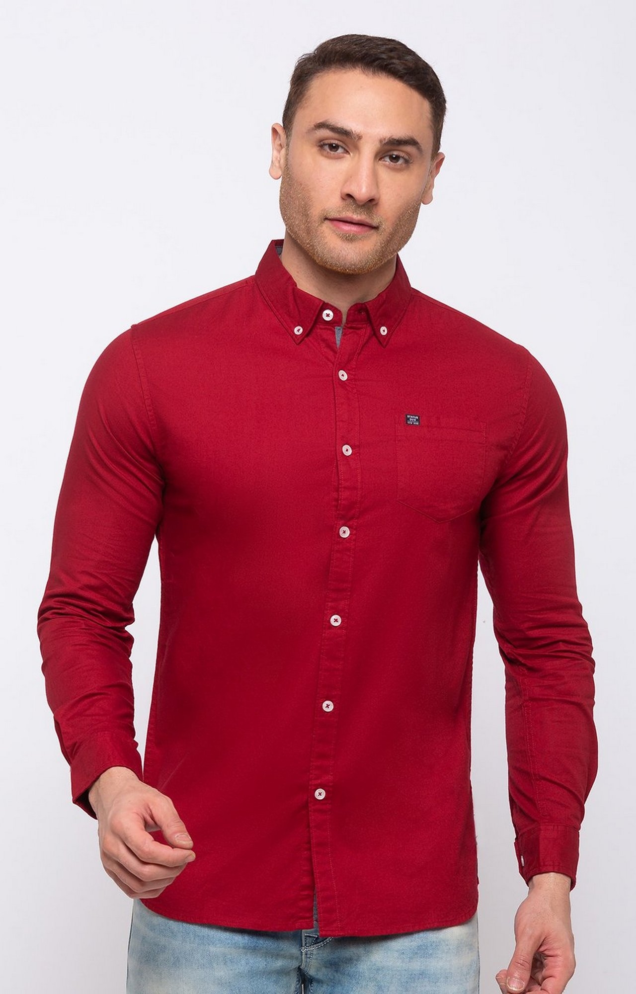 Red Cotton Solid Classic Collar Casual Shirts