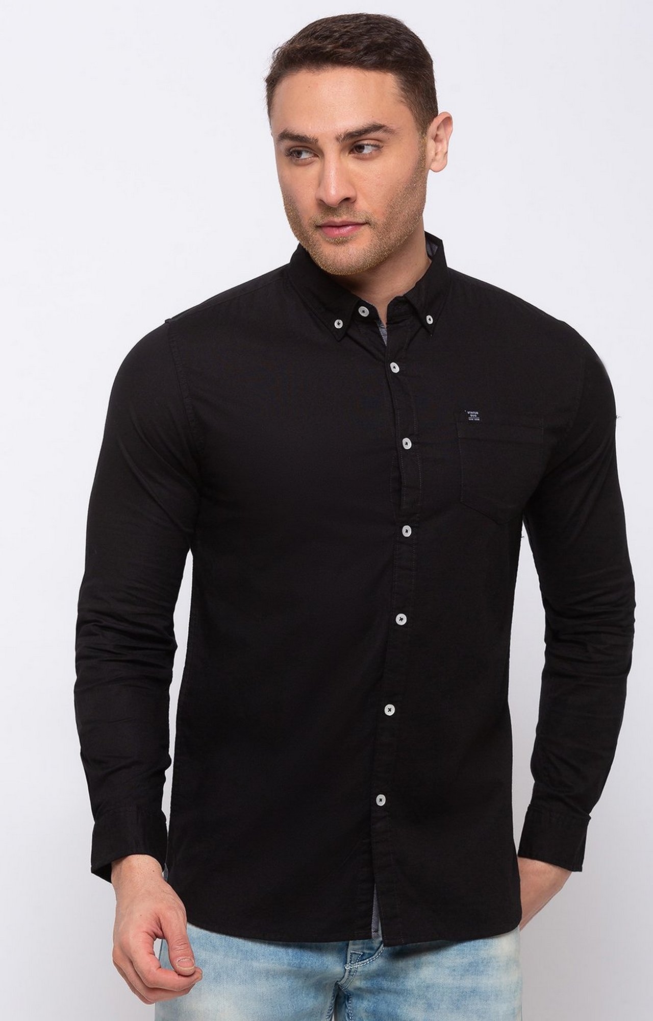 Black Cotton Solid Classic Collar Casual Shirts