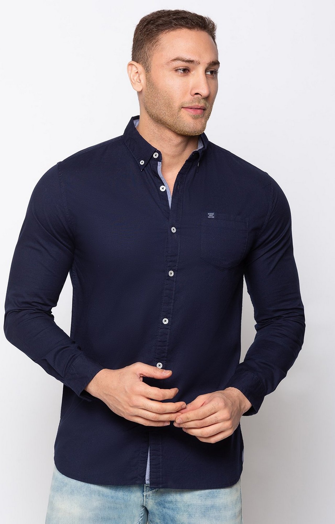 Blue Cotton Solid Classic Collar Casual Shirts