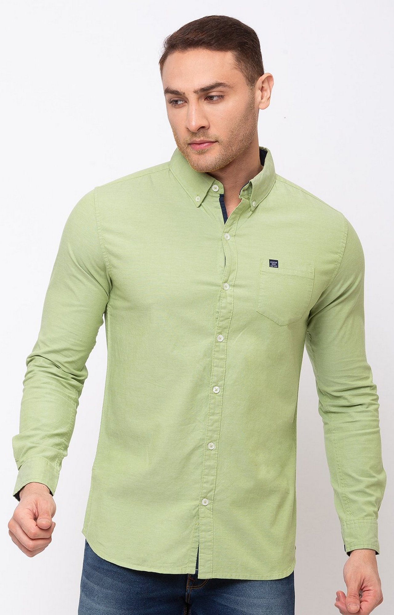 Green Cotton Solid Classic Collar Casual Shirts