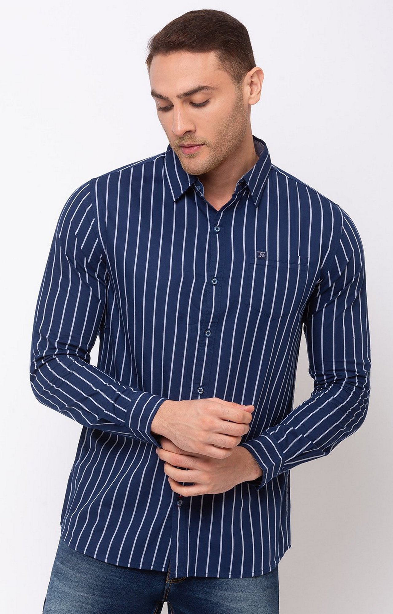Blue Cotton Striped Classic Collar Casual Shirts