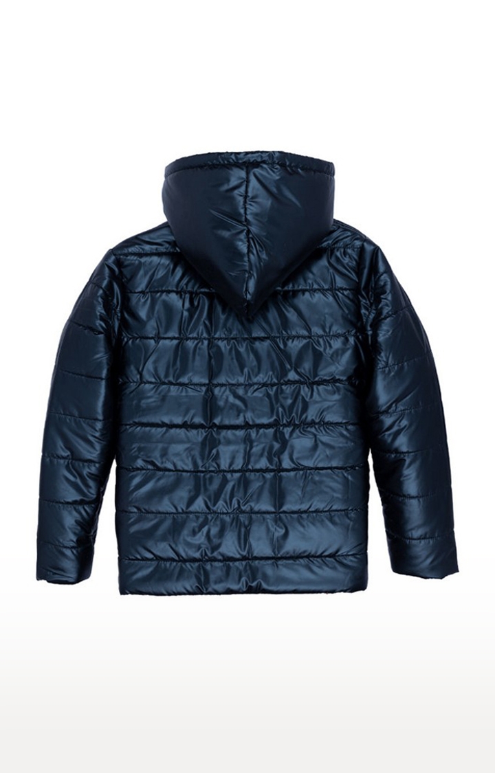 Blue Polyester Solid Hooded Bomber Jackets