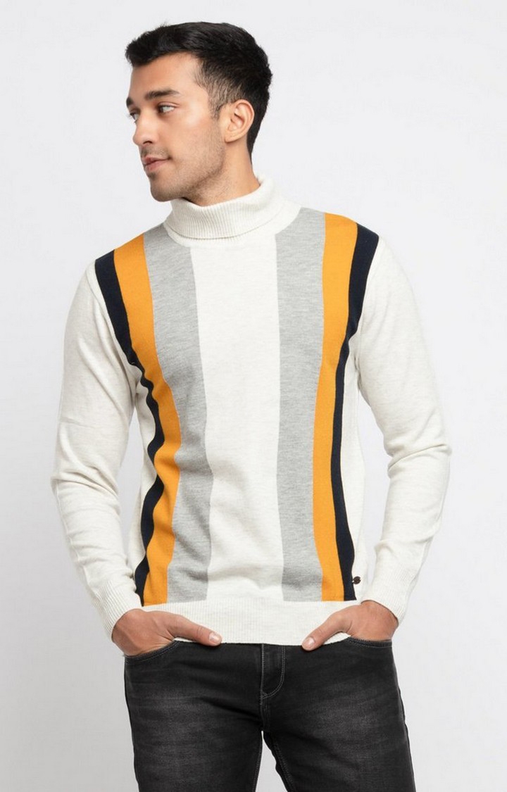 Men's White Polycotton Striped Sweaters