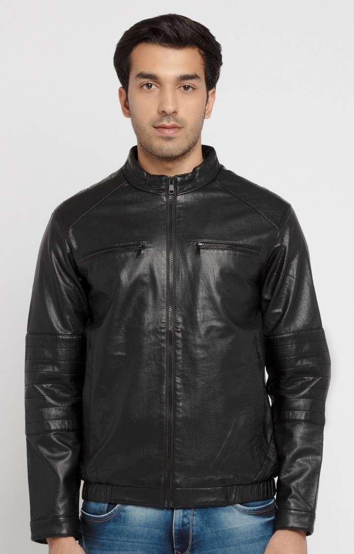 Men's Black Polycotton Solid Leather Jackets