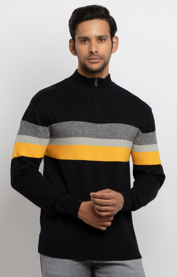 Men's Black Polyester Colourblock Sweaters