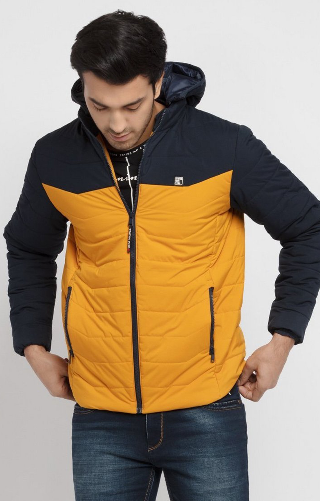 Status Quo | Mens Navy and Mustard Colourblock Quilted Jacket
