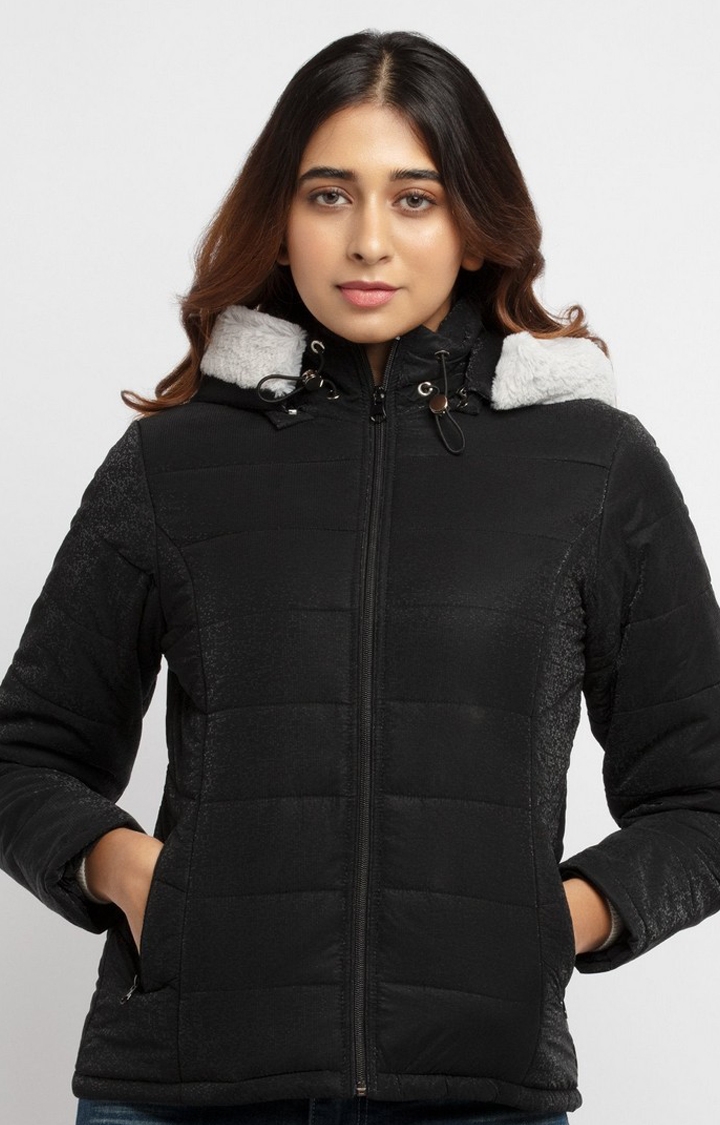 Women's Black Polyester Solid Bomber Jackets