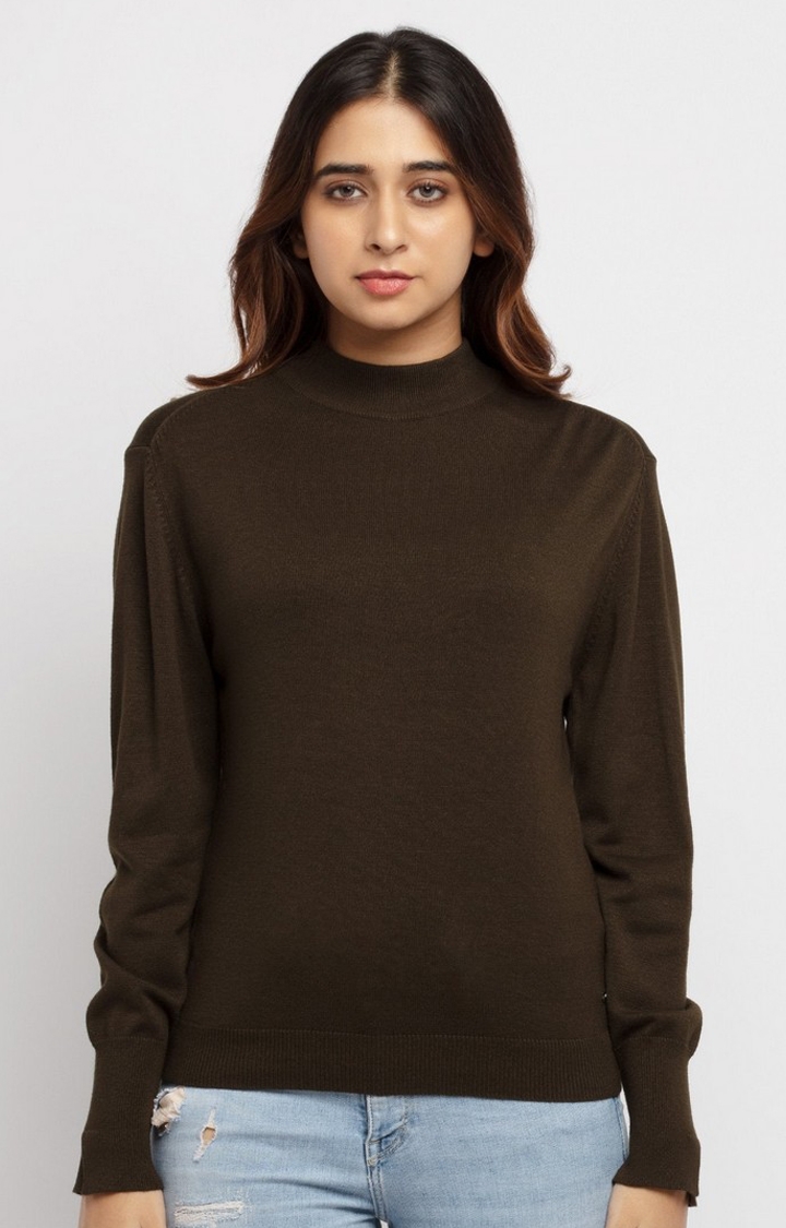 Women's Green Polycotton Solid Sweaters