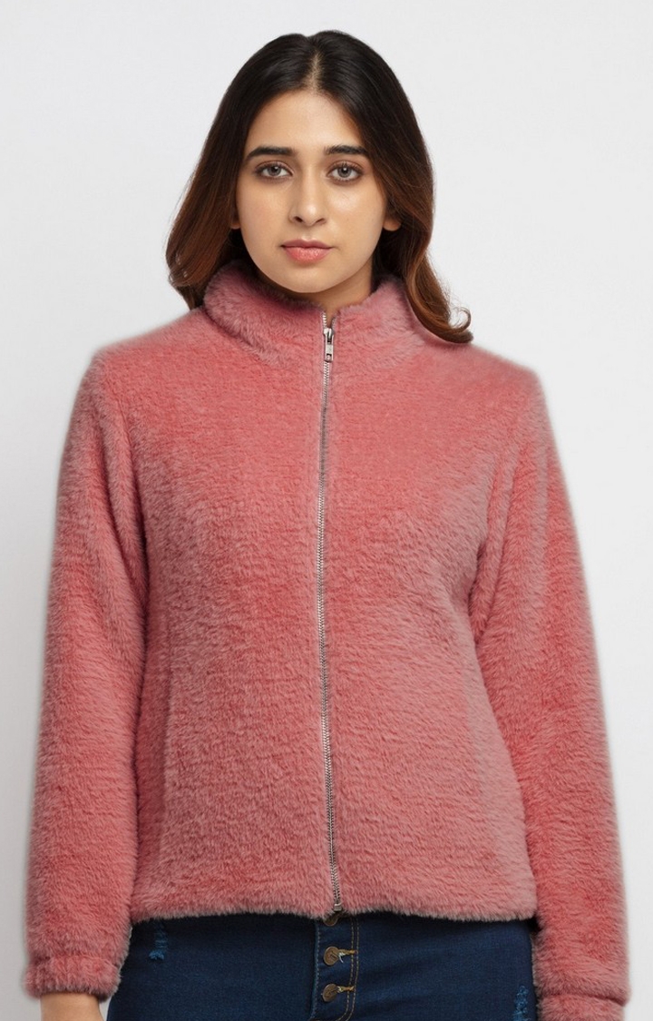 Women's Pink Polyester Solid Sweaters