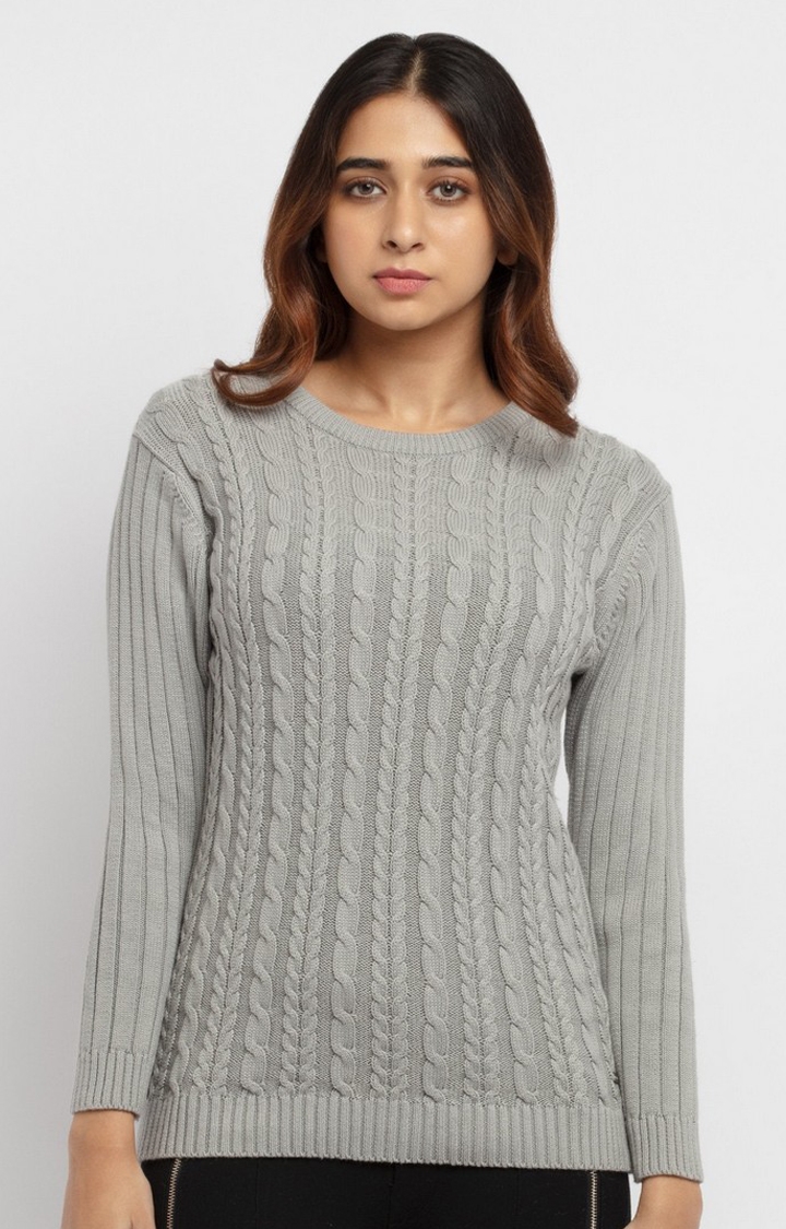 Women's Grey Cotton Textured Sweaters