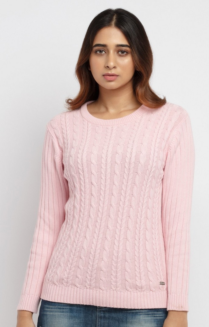 Women's Pink Cotton Textured Sweaters