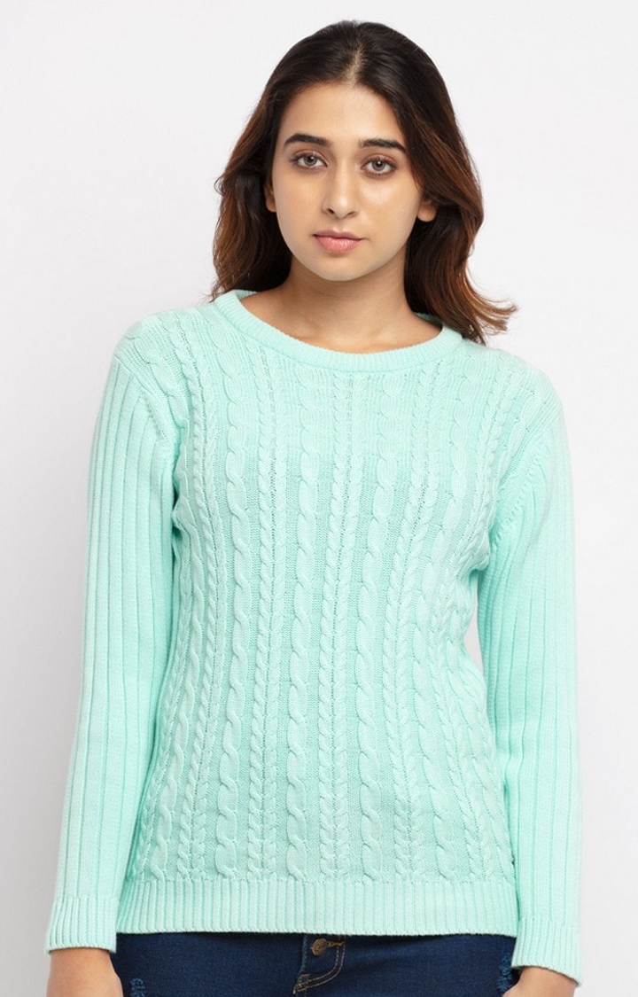 Status Quo | Women's Green Cotton Textured Sweaters