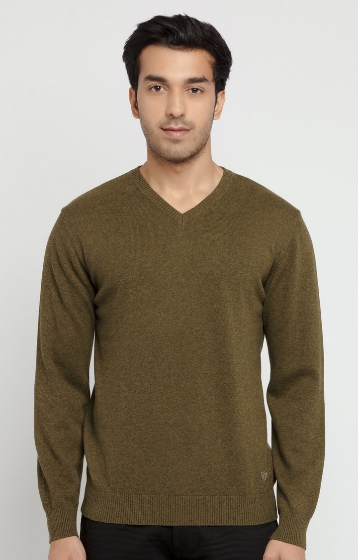Men's Green Polyester Melange Sweaters